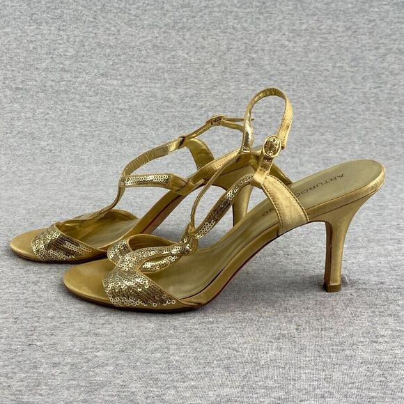 Arturo Chiang Heels Womens 8.5M Gold Sequin Strappy Leather Peep Open Toe Sandal - Picture 3 of 11
